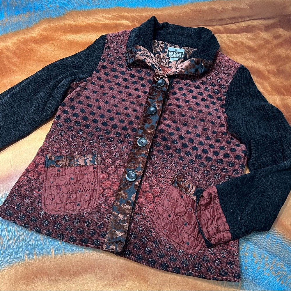 Yak Magik Burnout tapestry Black Red Jacket Large Made in Nepal Boho Silk Blend